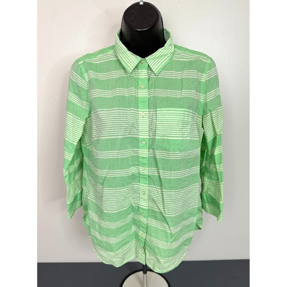 J. C. Penney Tops - JCP Women's Button Down Long Sleeve Cotton Stripe Shirt Green Size Medium FLAW